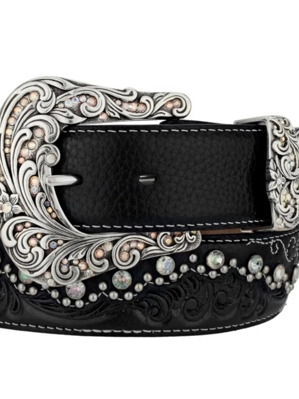 Tony Lama Black Western Leather Belt with Crystal-Accented Silver Buckle